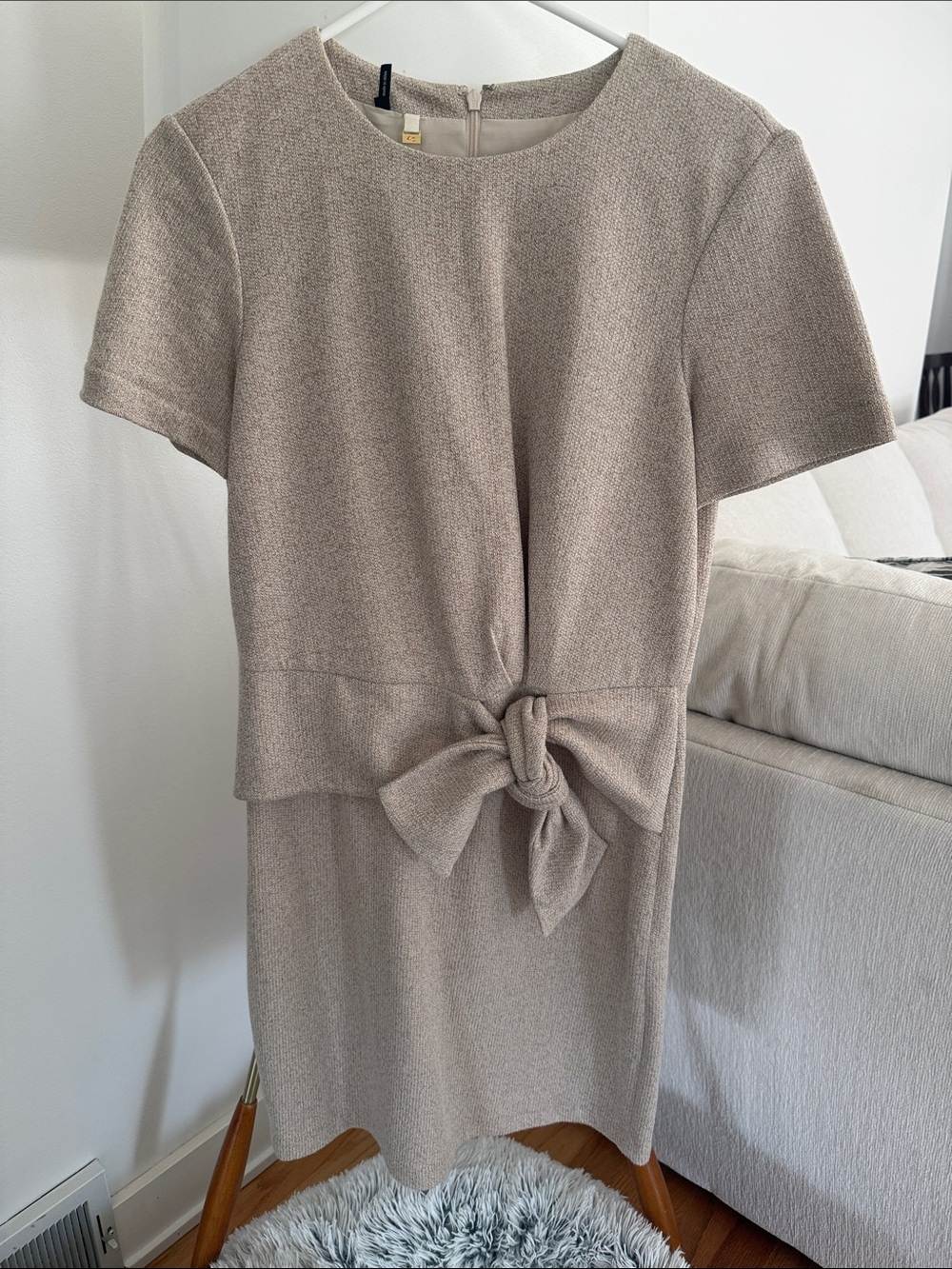 Knot-Waist Short Sleeve Midi Dress in Taupe
